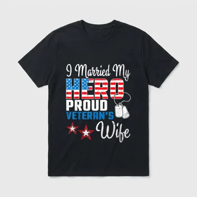 Veteran Spouse Hero T-Shirt – I Married My Hero Proud Veteran's Wife with flag letters – Classic T-Shirt in Black