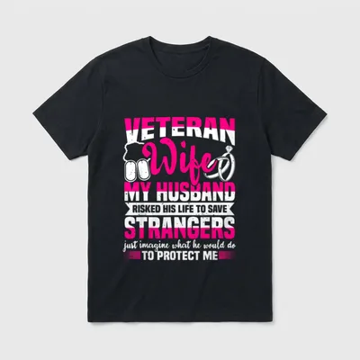 Military Wife Proud Spouse T-Shirt – I LOVE MY HUSBAND text with rings and protective message – Classic T-Shirt in Black
