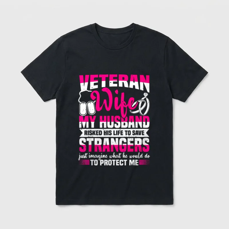 Military Wife Proud Spouse T-Shirt – I LOVE MY HUSBAND text with rings and protective message – Classic T-Shirt in Black