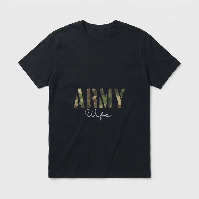 Army Wife Military Proud T-Shirt – ARMY in camo pattern, Wife in script – Classic T-Shirt in Black