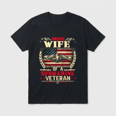 Proud Wife T-Shirt – Text reading Proud Wife of A Submarine Veteran with military insignia – Classic T-Shirt in Black