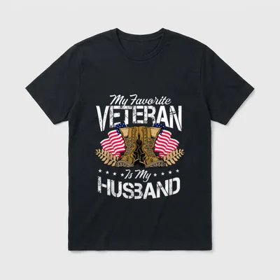 Veteran Spouse Support T-Shirt – My Favorite Veteran Is My Husband with combat boots and flags – Classic T-Shirt in Black
