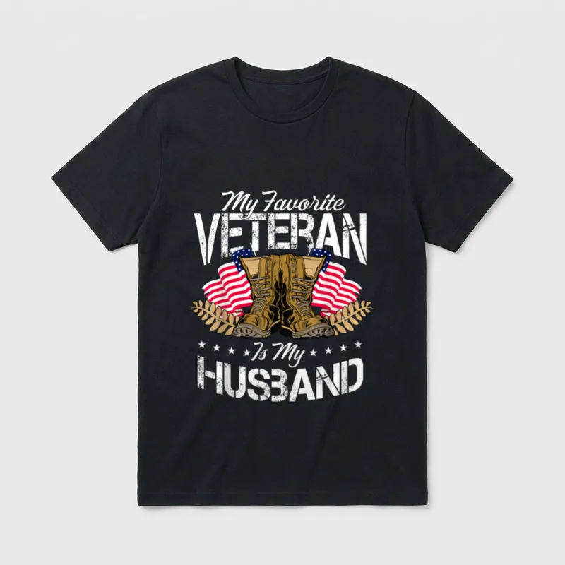 Veteran Spouse Support T-Shirt – My Favorite Veteran Is My Husband with combat boots and flags – Classic T-Shirt in Black