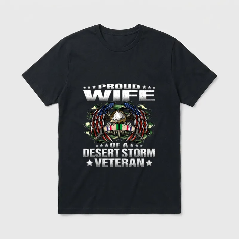 Military Spouse Proud Wife T-Shirt – PROUD WIFE OF A DESERT STORM VETERAN with eagle and ribbon – Classic T-Shirt in Black