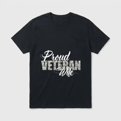Veteran Wife Support T-Shirt – Proud Veteran Wife in script with digital camouflage band – Classic T-Shirt in Black