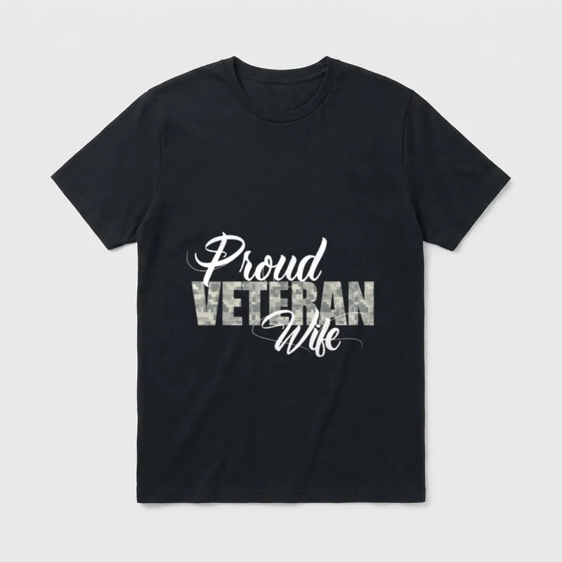 Veteran Wife Support T-Shirt – Proud Veteran Wife in script with digital camouflage band – Classic T-Shirt in Black