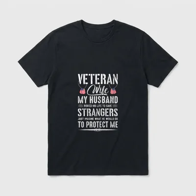 Military Veteran Husband T-Shirt – Veteran Wife text with American flags and protective message – Classic T-Shirt in Black