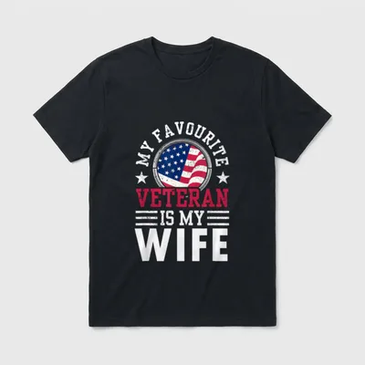 Veteran Wife Pride T-Shirt – My Favorite Veteran Is My Wife text with American flag circular badge – Classic T-Shirt in Black