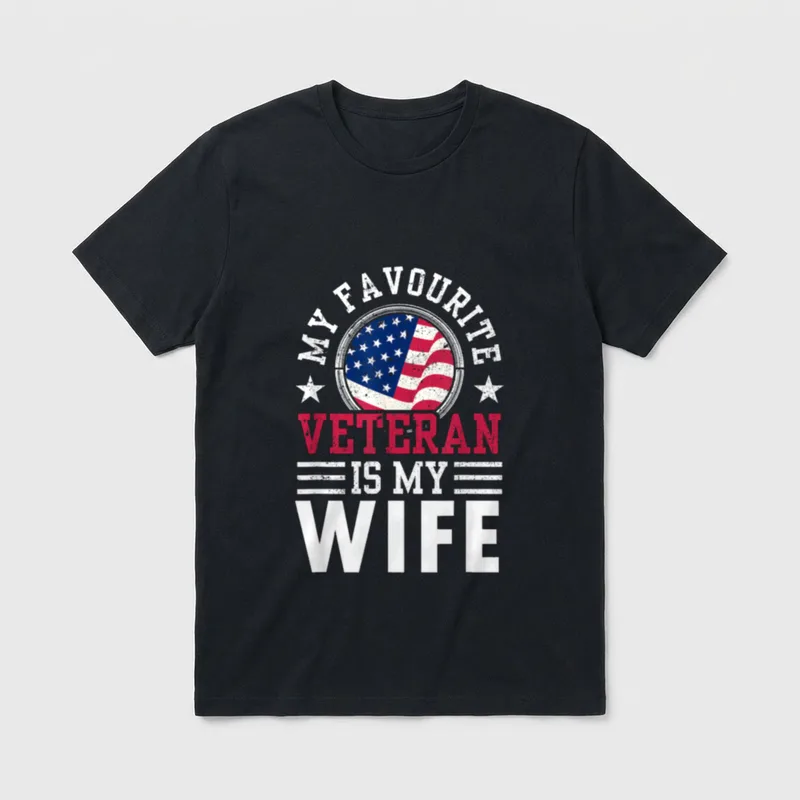 Veteran Wife Pride T-Shirt – My Favorite Veteran Is My Wife text with American flag circular badge – Classic T-Shirt in Black