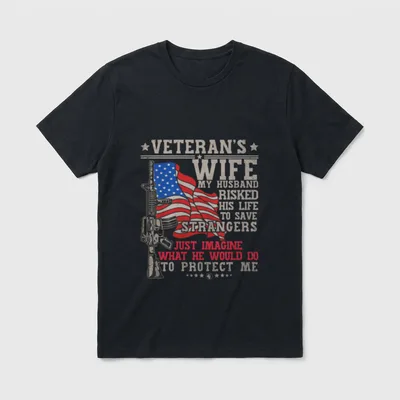 Army Veteran Spouse T-Shirt – Text reading "Veteran's Wife" with rifle and flag design – Classic T-Shirt in Black