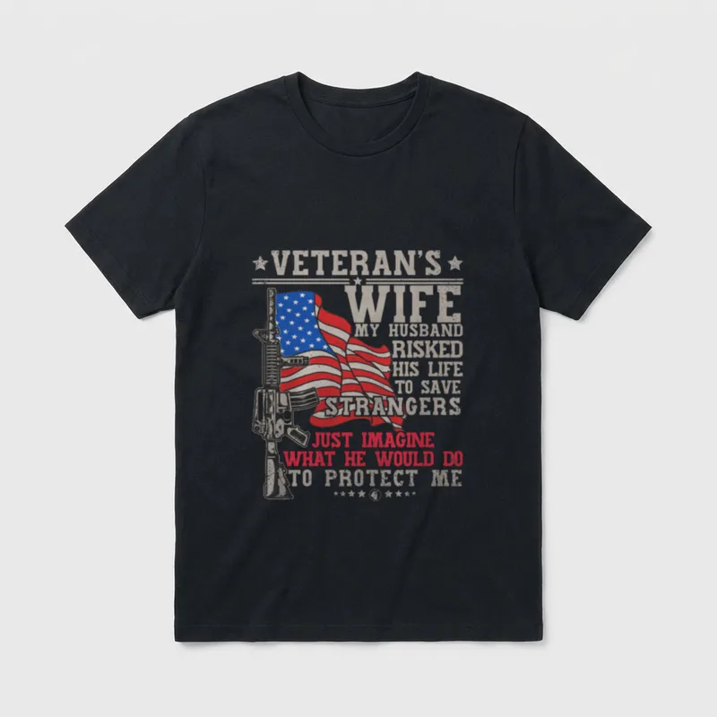 Army Veteran Spouse T-Shirt – Text reading "Veteran's Wife" with rifle and flag design – Classic T-Shirt in Black