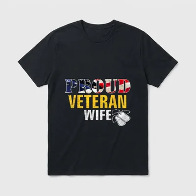 Veteran Wife Gift T-Shirt – Text reading 'PROUD VETERAN WIFE' with American flag and dog tags – Classic T-Shirt in Black
