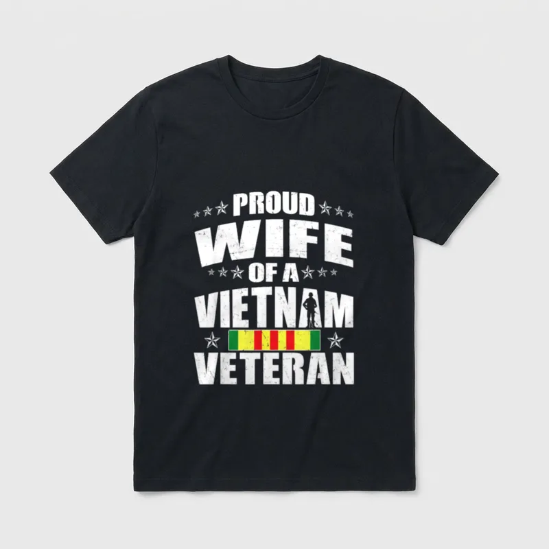 Veteran's Wife Support T-Shirt – PROUD WIFE OF A VIETNAM VETERAN text with stars and ribbon – Classic T-Shirt in Black