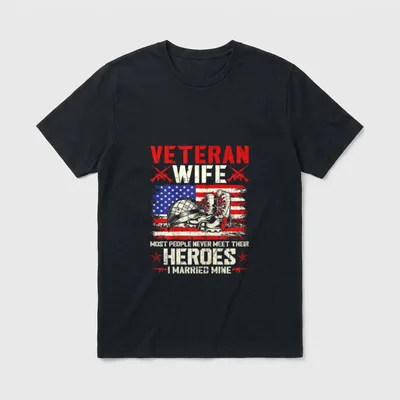 Veteran Wife Married My Hero T-Shirt – Veteran wife text with military boots and US flag design – Classic T-Shirt in Black