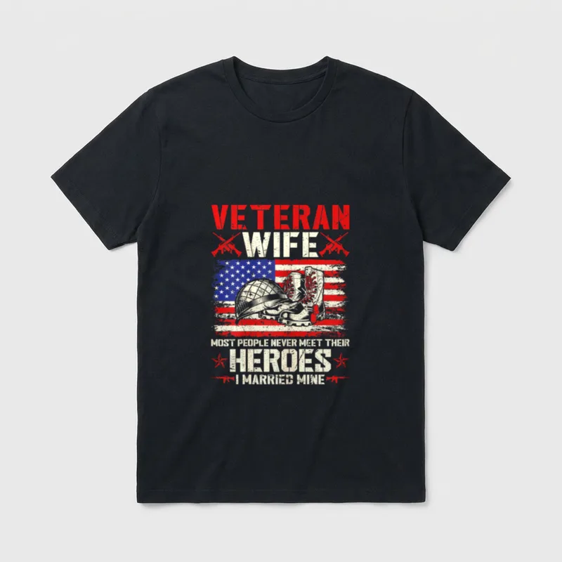Veteran Wife Married My Hero T-Shirt – Veteran wife text with military boots and US flag design – Classic T-Shirt in Black