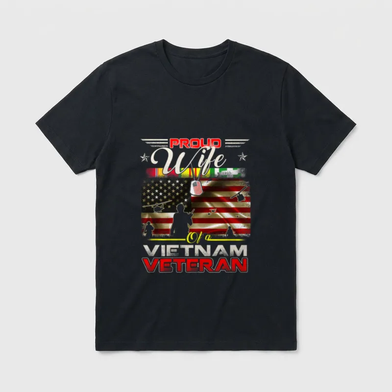 Vietnam Vet Wife T-Shirt – PROUD Wife of a VIETNAM VETERAN with flag and ribbons – Classic T-Shirt in Black