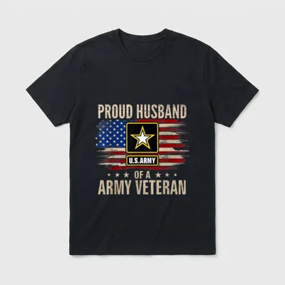 Proud Military Husband T-Shirt – Proud Husband text with Army star emblem and Army Veteran text – Classic T-Shirt in Black