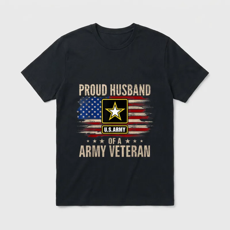 Proud Military Husband T-Shirt – Proud Husband text with Army star emblem and Army Veteran text – Classic T-Shirt in Black