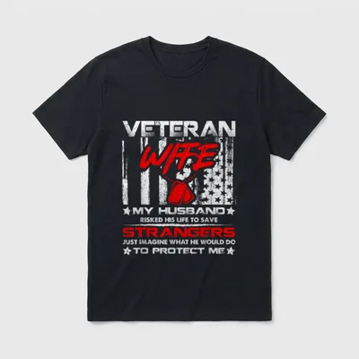 Proud Veteran Spouse T-Shirt – Text reading Veteran Wife with military dog tags and American flag – Classic T-Shirt in Black