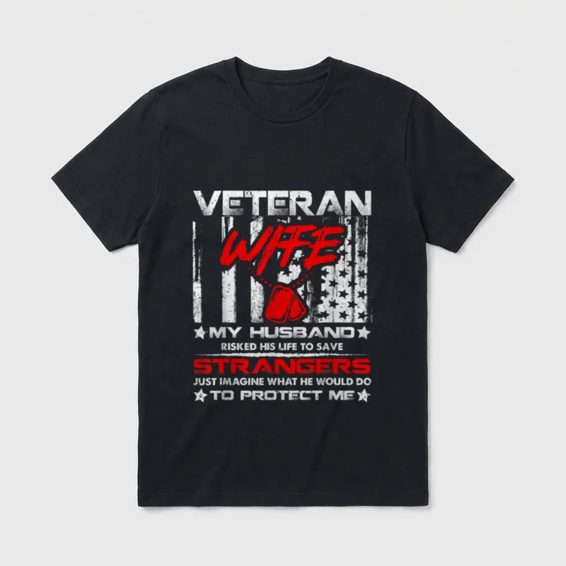 Proud Veteran Spouse T-Shirt – Text reading Veteran Wife with military dog tags and American flag – Classic T-Shirt in Black
