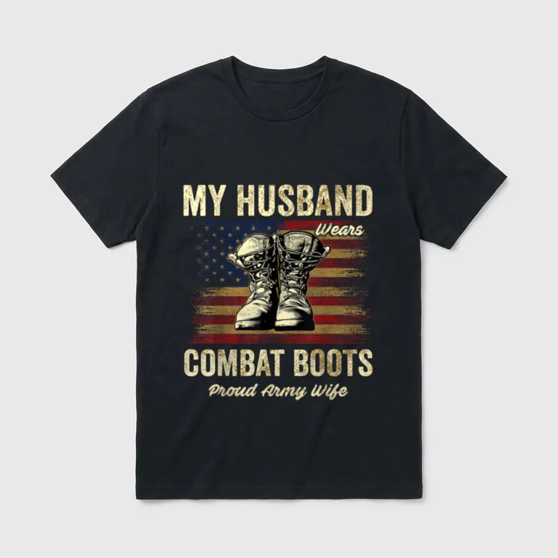 Military Spouse Combat Boots T-Shirt – Combat boots with laces on an American flag background – Classic T-Shirt in Black