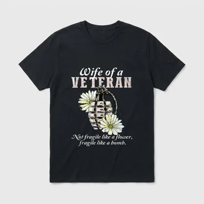 Veteran Wife Strong T-Shirt – Wife of a Veteran with grenade and daisies graphic – Classic T-Shirt in Black