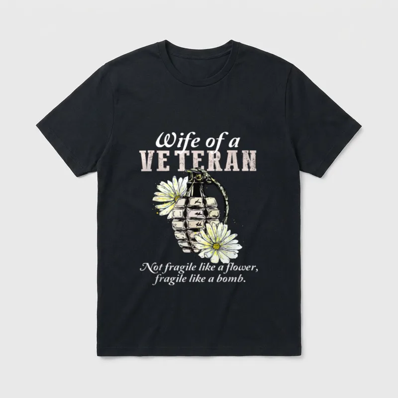Veteran Wife Strong T-Shirt – Wife of a Veteran with grenade and daisies graphic – Classic T-Shirt in Black