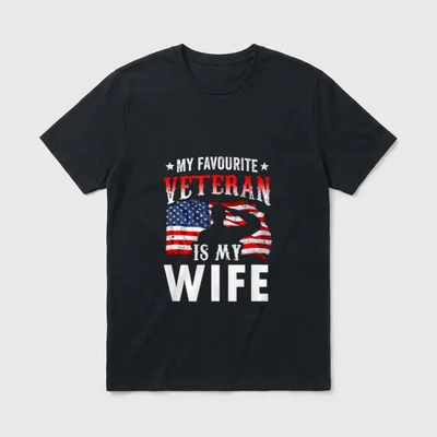 Veteran's Day Wife T-Shirt – My Favourite Veteran Is My Wife text with American flag silhouette – Classic T-Shirt in Black
