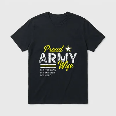 Army Veteran Family T-Shirt – Proud ARMY Wife, MY HUSBAND MY SOLDIER MY HERO in yellow and white – Classic T-Shirt in Black