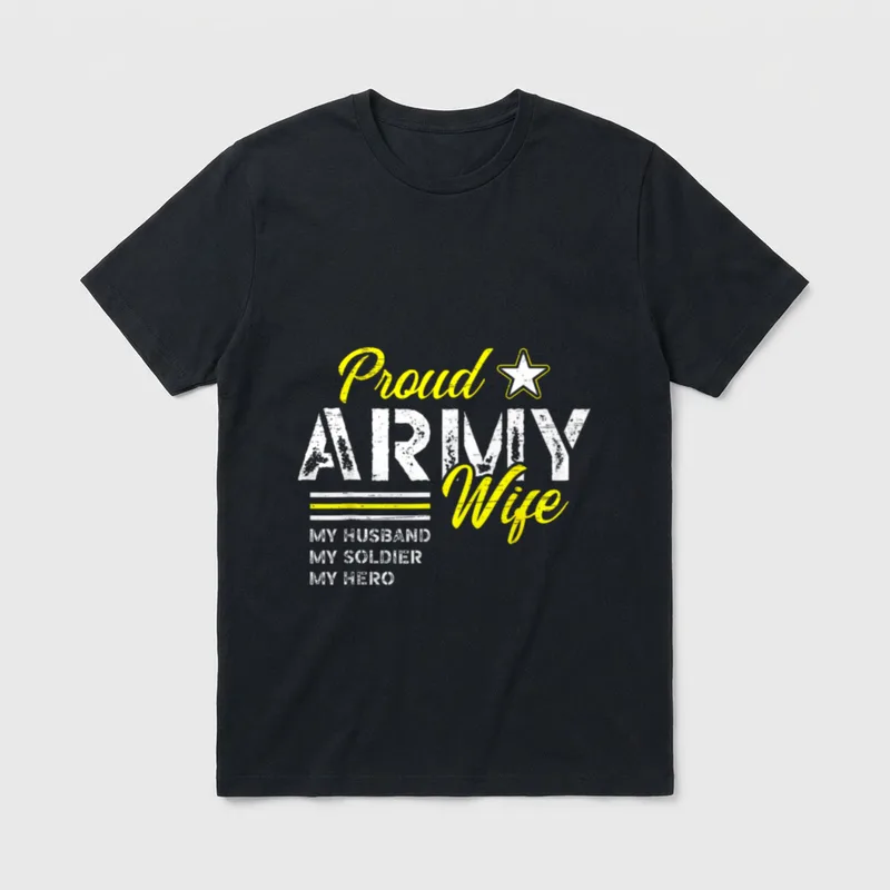 Army Veteran Family T-Shirt – Proud ARMY Wife, MY HUSBAND MY SOLDIER MY HERO in yellow and white – Classic T-Shirt in Black