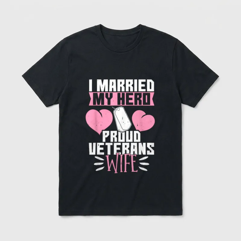 Veteran Spouse Pride T-Shirt – I MARRIED MY HERO PROUD VETERANS WIFE with hearts and dog tags – Classic T-Shirt in Black