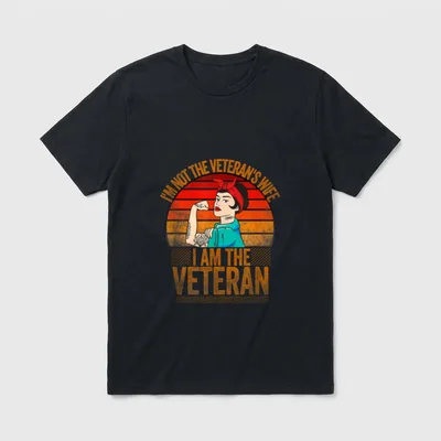 Military Veteran Women T-Shirt – I AM THE VETERAN text with woman flexing arm illustration – Classic T-Shirt in Black