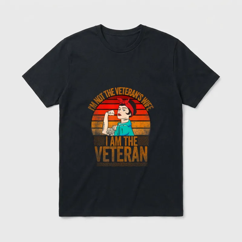 Military Veteran Women T-Shirt – I AM THE VETERAN text with woman flexing arm illustration – Classic T-Shirt in Black