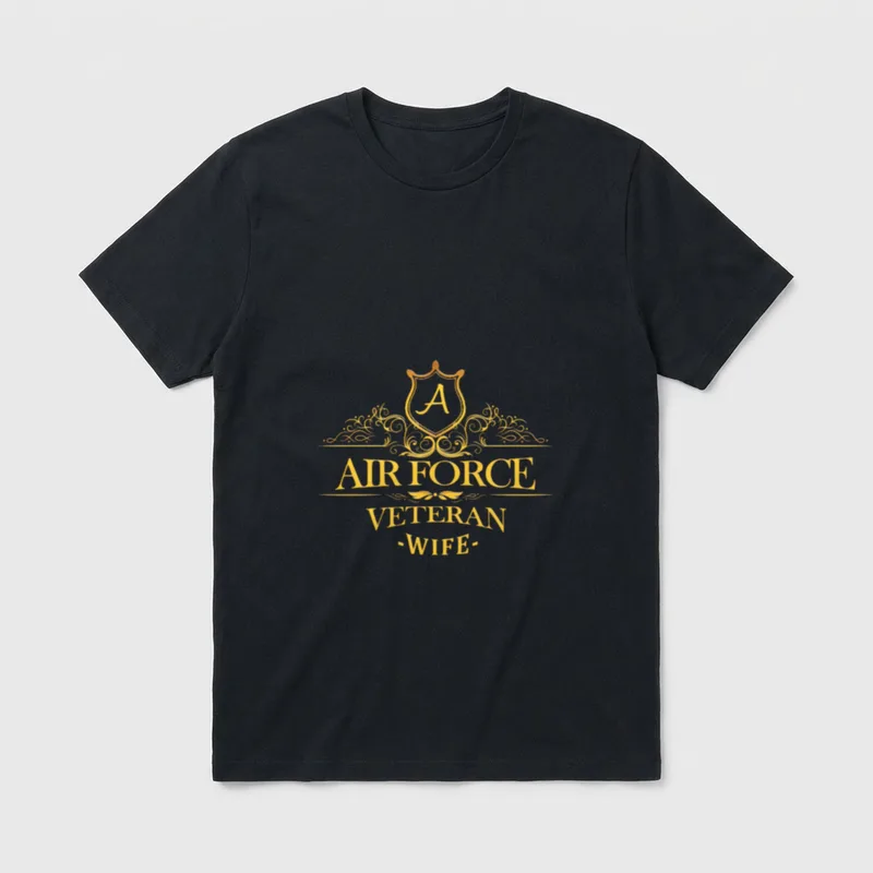 Air Force Wife American T-Shirt – Gold text reading Air Force Veteran Wife with decorative shield – Classic T-Shirt in Black