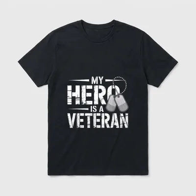 US Army Veteran Wife T-Shirt – "MY HERO IS A VETERAN" in distressed type with dog tags – Classic T-Shirt in Black