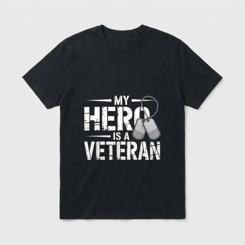 US Army Veteran Wife T-Shirt – "MY HERO IS A VETERAN" in distressed type with dog tags – Classic T-Shirt in Black