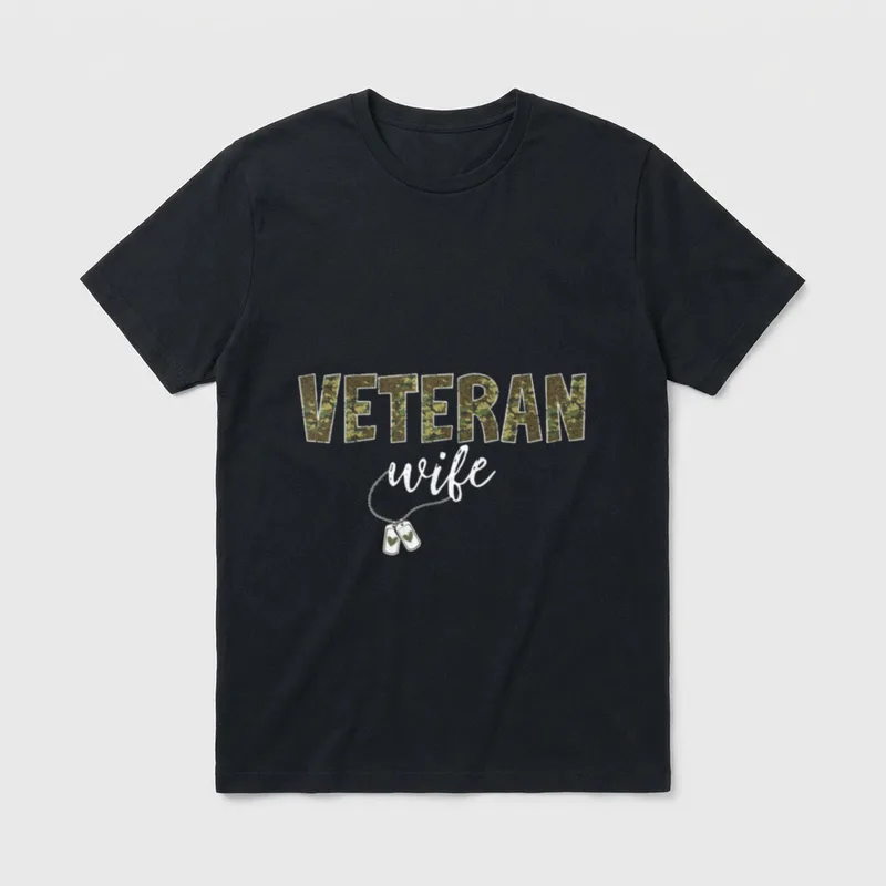 Veteran Wife Best Wife T-Shirt – VETERAN in camouflage, wife in script, dog tags below – Classic T-Shirt in Black
