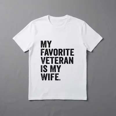 Military Wife Veteran Proud T-Shirt – Text reads: MY FAVORITE VETERAN IS MY WIFE – Classic T-Shirt in Black