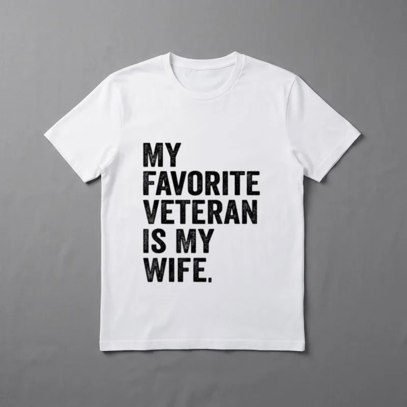 Military Wife Veteran Proud T-Shirt – Text reads: MY FAVORITE VETERAN IS MY WIFE – Classic T-Shirt in Black