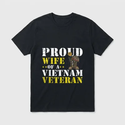 Patriotic Veteran Spouse T-Shirt – Proud Wife of a Vietnam Veteran with combat boots and flower – Classic T-Shirt in Black
