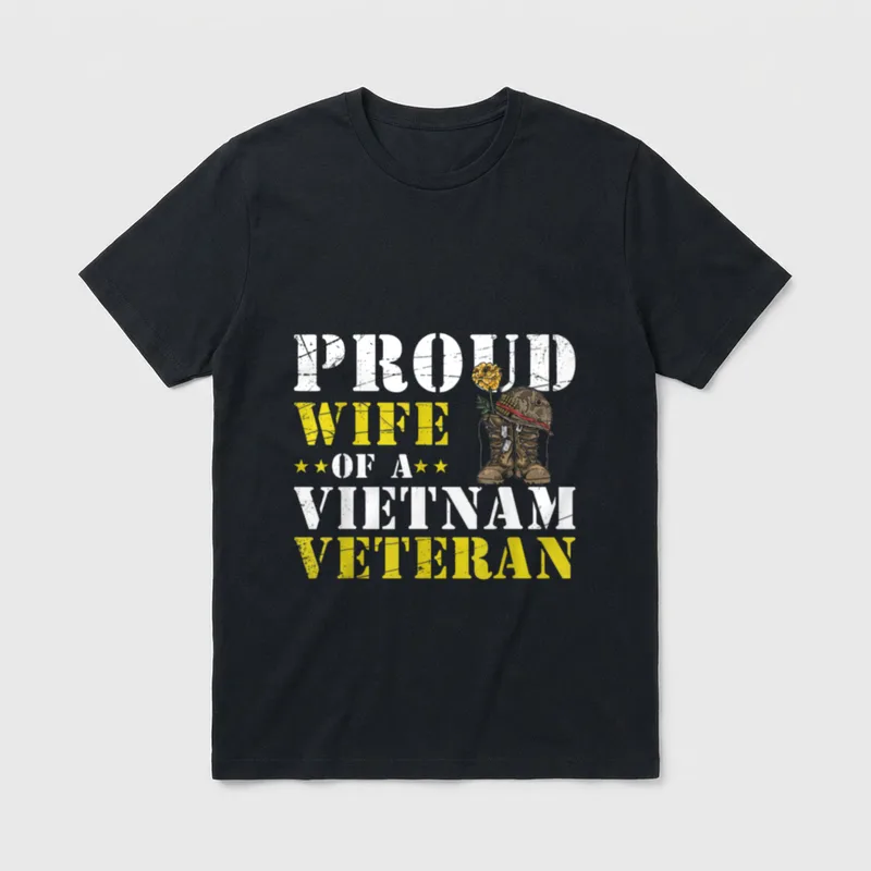 Patriotic Veteran Spouse T-Shirt – Proud Wife of a Vietnam Veteran with combat boots and flower – Classic T-Shirt in Black