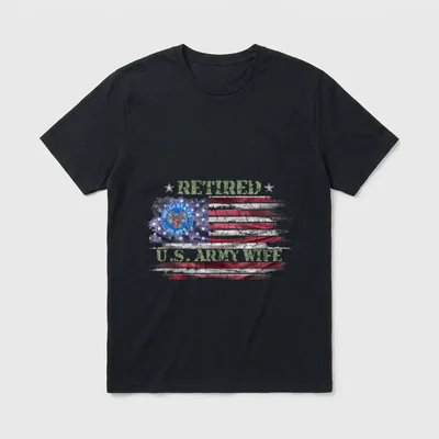 Retired Army Veteran Wife T-Shirt – RETIRED U.S. ARMY WIFE text with flag and Army seal – Classic T-Shirt in Black