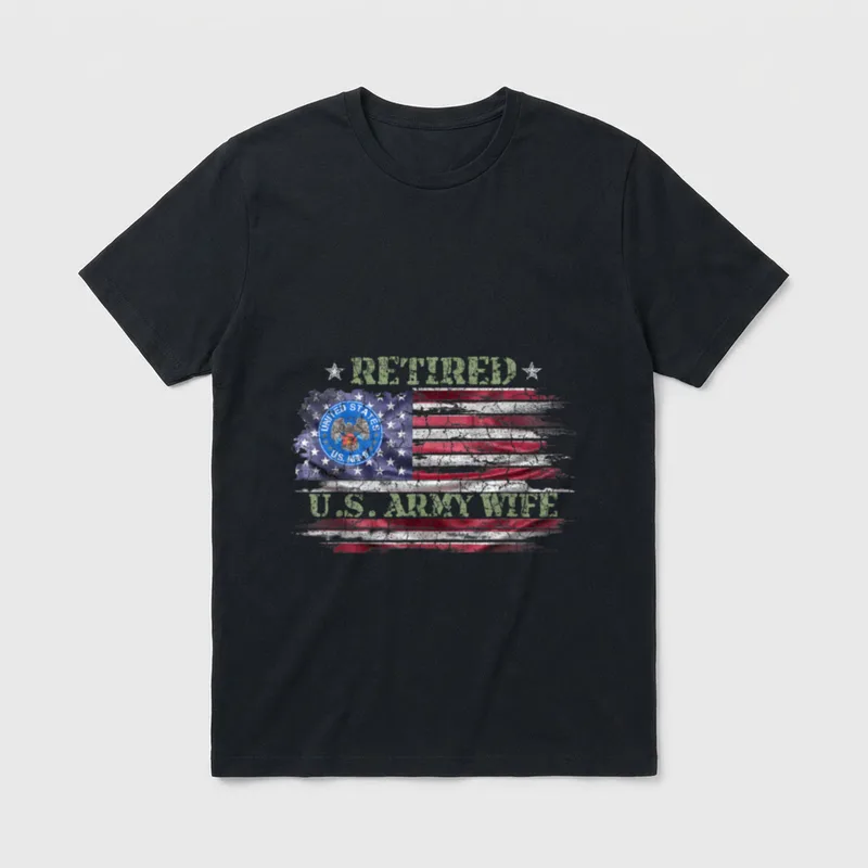 Retired Army Veteran Wife T-Shirt – RETIRED U.S. ARMY WIFE text with flag and Army seal – Classic T-Shirt in Black