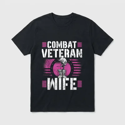Army Wife Veterans Day T-Shirt – COMBAT VETERAN WIFE in white distressed text – Classic T-Shirt in Black