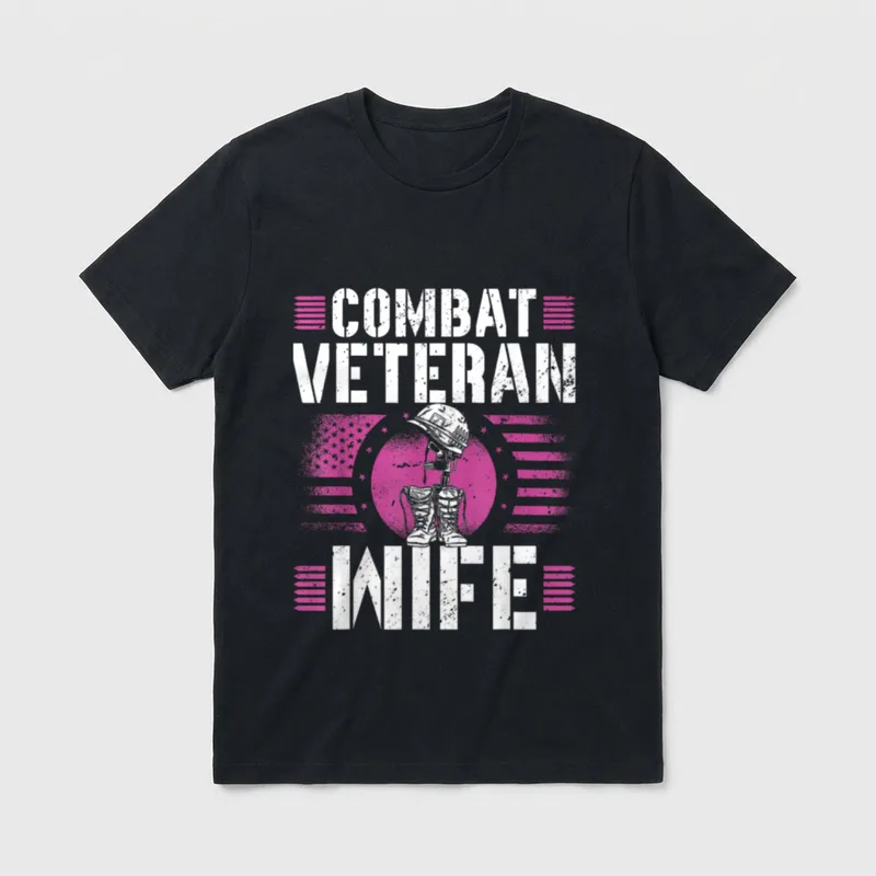 Army Wife Veterans Day T-Shirt – COMBAT VETERAN WIFE in white distressed text – Classic T-Shirt in Black