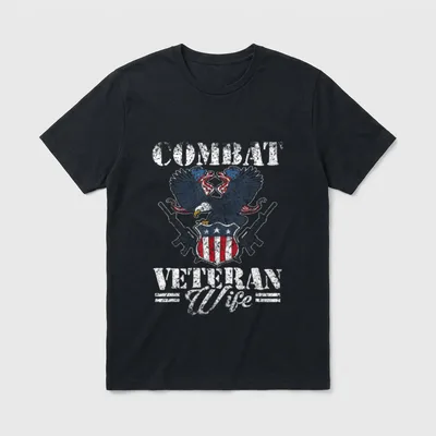 Combat Veteran Wife T-Shirt – COMBAT and VETERAN WIFE text with eagle and shield – Classic T-Shirt in Black