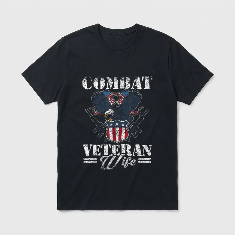 Combat Veteran Wife T-Shirt – COMBAT and VETERAN WIFE text with eagle and shield – Classic T-Shirt in Black