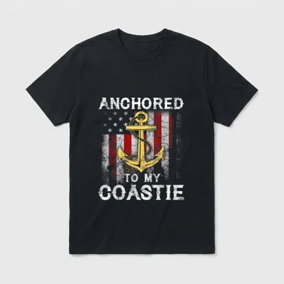 Coastie Wife USCG Veteran Flag T-Shirt – Anchored to My Coastie with anchor and flag – Classic T-Shirt in Black