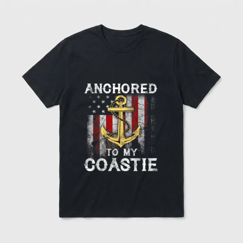 Coastie Wife USCG Veteran Flag T-Shirt – Anchored to My Coastie with anchor and flag – Classic T-Shirt in Black