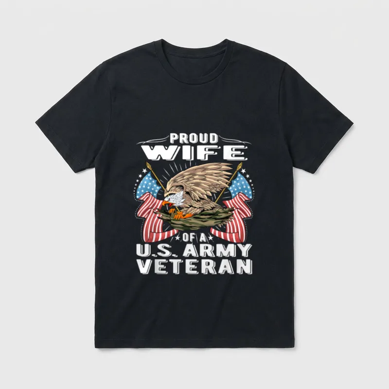 Military Vet's Spouse Veteran T-Shirt – PROUD WIFE OF A U.S. ARMY VETERAN with eagle and flags – Classic T-Shirt in Black